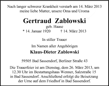 Todesanzeige von Gertraud Zablowski von MZV