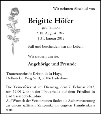 Todesanzeige von Brigitte Höfer von WESTFÄLISCHER ANZEIGER