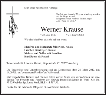 Todesanzeige von Werner Krause von MZV