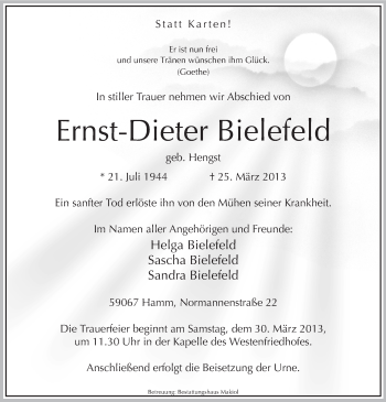Todesanzeige von Ernst-Dieter Bielefeld von MZV