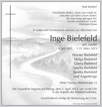 Todesanzeige von Inge Bielefeld von MZV