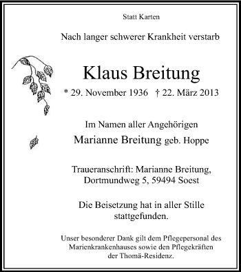 Todesanzeige von Klaus Breitung von MZV
