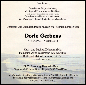 Todesanzeige von Dorle Gerbens von MZV