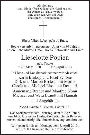 Todesanzeige von Lieselotte Popien von MZV