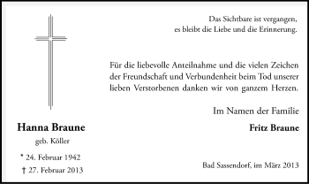 Todesanzeige von Hanna Braune von MZV