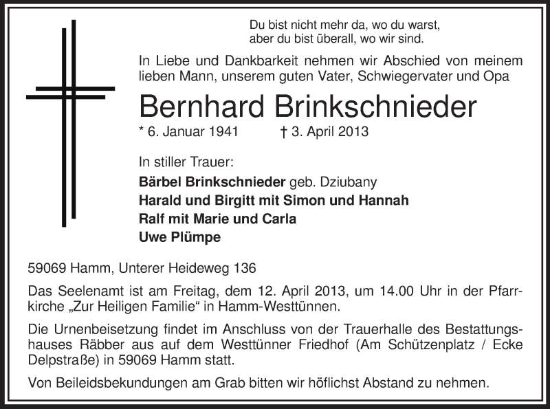  Traueranzeige für Bernhard Brinkschnieder vom 06.04.2013 aus MZV