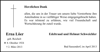 Todesanzeige von Erna Löer von MZV