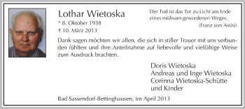 Todesanzeige von Lothar Wietoska von MZV