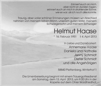 Todesanzeige von Helmut Haase von MZV