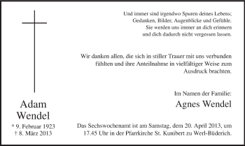 Todesanzeige von Adam Wendel von MZV
