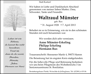 Todesanzeige von Waltraud Münster von MZV