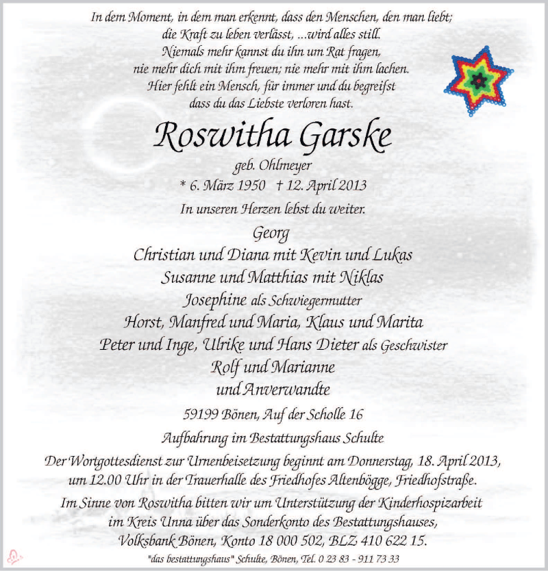  Traueranzeige für Roswitha Garske vom 13.04.2013 aus MZV