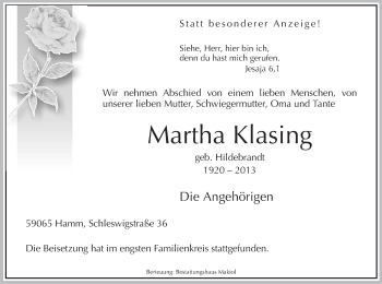 Todesanzeige von Martha Klasing von MZV