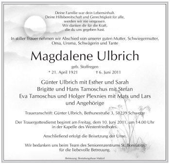 Todesanzeige von Magdalene Ulbrich von WESTFÄLISCHER ANZEIGER
