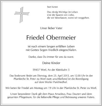 Todesanzeige von Friedel Obermeier von MZV