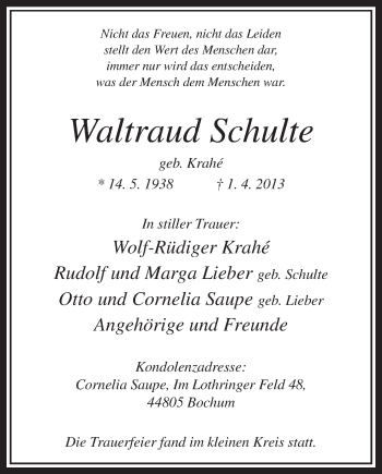 Todesanzeige von Waltraud Schulte von MZV