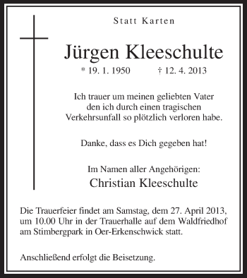 Todesanzeige von Jürgen Kleeschulte von MZV