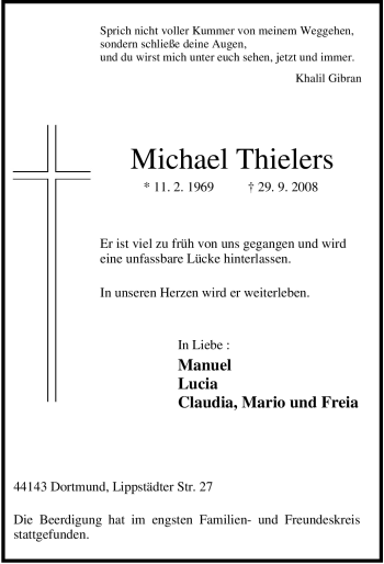 Todesanzeige von Michael Thielers von WESTFÄLISCHER ANZEIGER