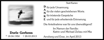 Todesanzeige von Dorle Gerbens von MZV