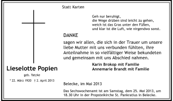 Todesanzeige von Lieselotte Popien von MZV