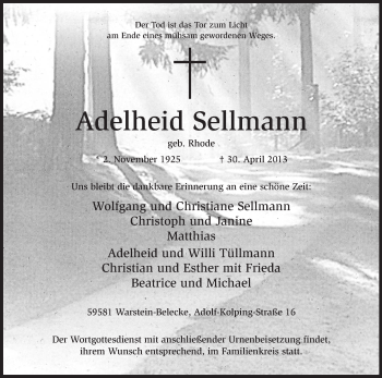 Todesanzeige von Adelheid Sellmann von MZV