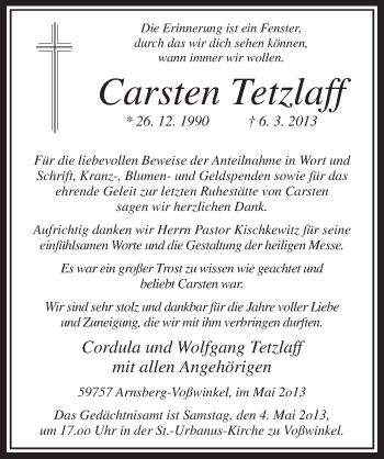 Todesanzeige von Carsten Tetzlaff von MZV