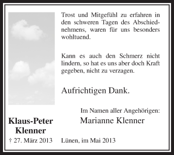 Todesanzeige von Klaus-Peter Klenner von MZV