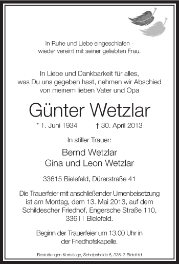Todesanzeige von Günter Wetzlar von MZV