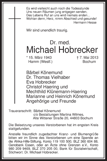 Todesanzeige von Michael Hobrecker von MZV