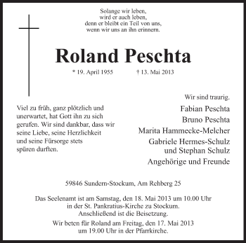 Todesanzeige von Roland Peschta von MZV