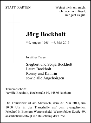 Todesanzeige von Jörg Bockholt von MZV