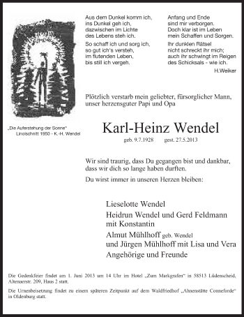 Todesanzeige von Karl-Heinz Wendel von MZV
