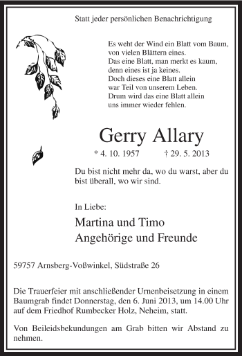 Todesanzeige von Gerry Allary von MZV
