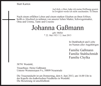 Todesanzeige von Johanna Gaßmann von MZV