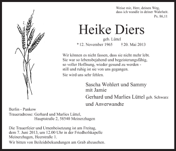 Todesanzeige von Heike Diers von MZV