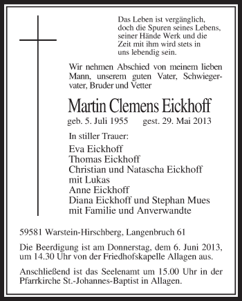 Todesanzeige von Martin Clemens Eickhoff von MZV