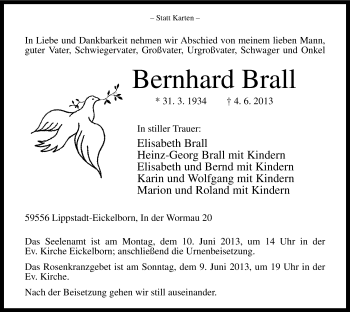 Todesanzeige von Bernhard Brall von MZV