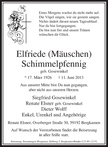 Todesanzeige von Elfriede Schimmelpfennig von MZV