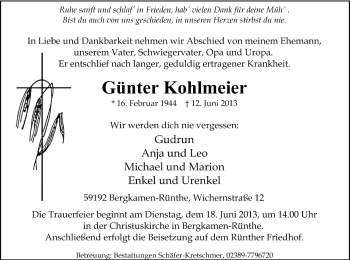 Todesanzeige von Günter Kohlmeier von MZV