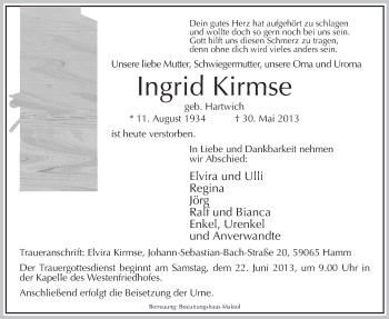 Todesanzeige von Ingrid Kirmse von MZV