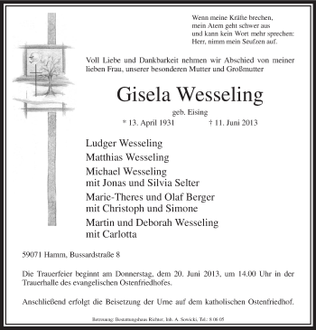 Todesanzeige von Gisela Wesseling von MZV