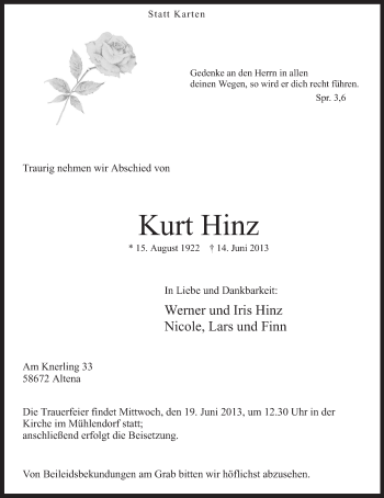 Todesanzeige von Kurt Hinz von MZV