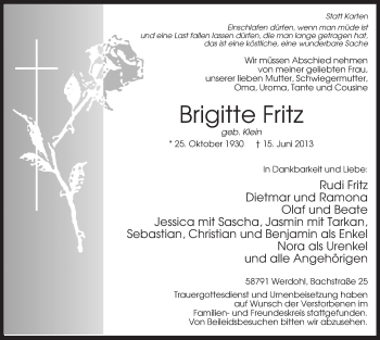 Todesanzeige von Brigitte Fritz von MZV