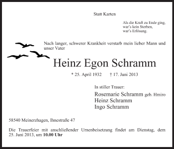 Todesanzeige von Heinz Egon Schramm von MZV