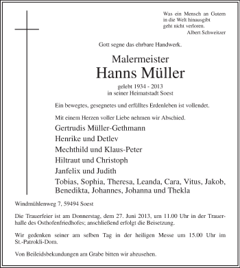 Todesanzeige von Hanns Müller von MZV