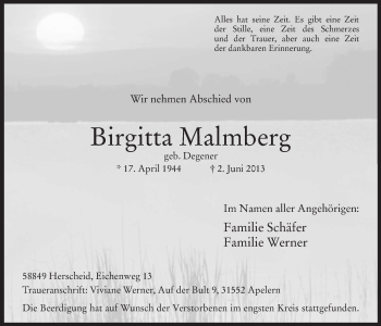 Todesanzeige von Birgitta Malmberg von MZV
