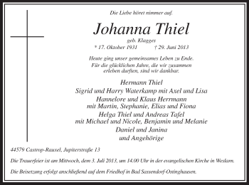 Todesanzeige von Johanna Thiel von MZV