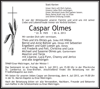 Todesanzeige von Caspar Olmes von MZV