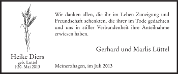 Todesanzeige von Heike Diers von MZV
