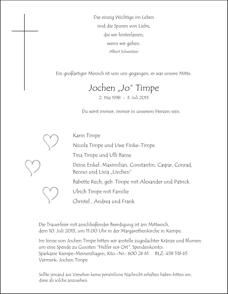  Traueranzeige für Jochen Timpe vom 06.07.2013 aus MZV